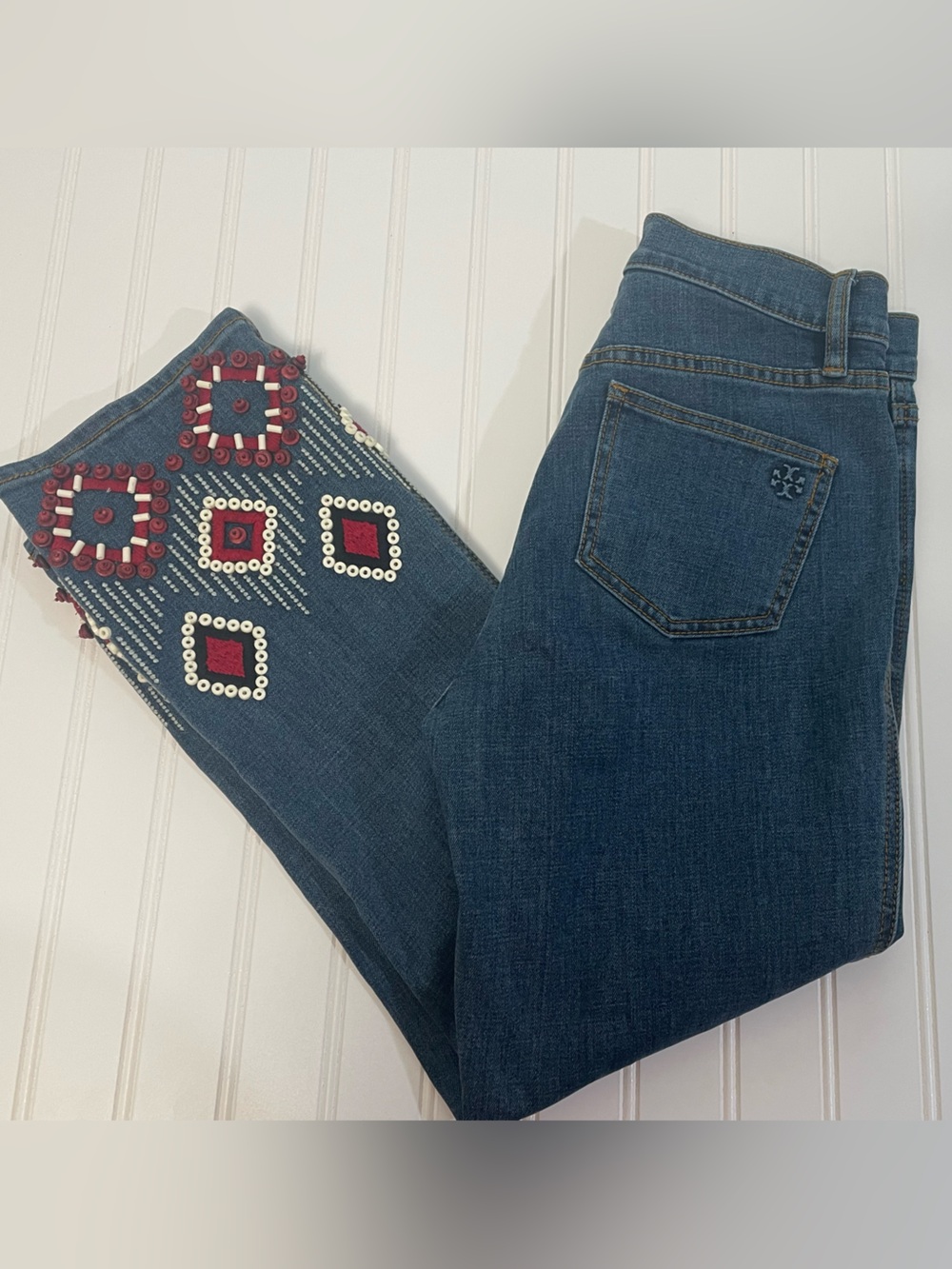 TORY BURCH blue mia red beaded embroidered jeans | SIZE 26